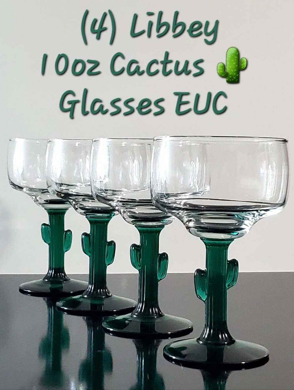 (4) 🌵 Libbey Cactus 10oz 🌵Green Stem Glasses EUC